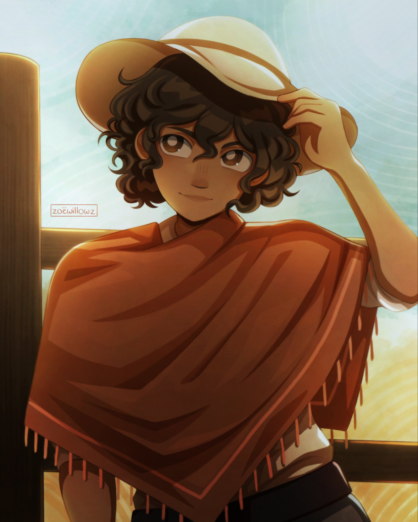 kel (faraway) (omori), kel (omori), omori, highres, 1boy, adjusting clothes, adjusting headwear, alternate costume, alternate hair color, alternate hairstyle, alternate universe, arm up, artist name, blue sky, bright pupils, brown eyes, brown hair, closed mouth, curly hair, dark-skinned male, dark skin, day, double-parted bangs, fence, hair between eyes, hat, male focus, outdoors, red poncho, short hair, short sleeves, sky, smile, solo, sun hat, white pupils, zoewillowz