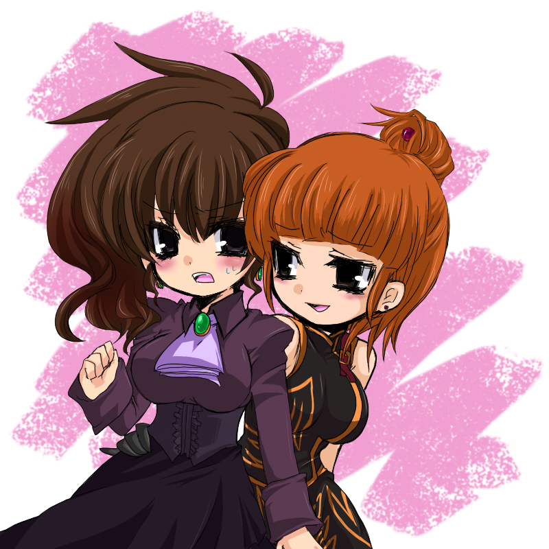 origo, ushiromiya eva, ushiromiya natsuhi, umineko no naku koro ni, bad id, bad pixiv id, 00s, black eyes, blush, brown hair, chibi, dress, orange hair, short hair, side ponytail