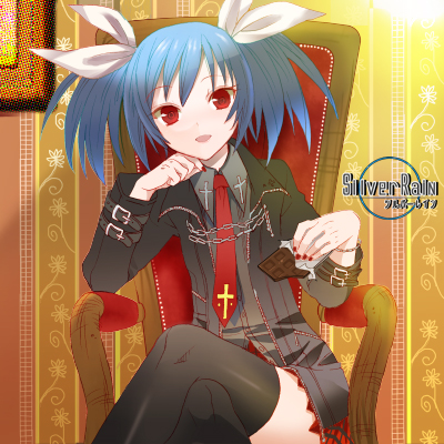 eitomo haruno, original, silver rain, lowres, 1girl, black thighhighs, blue hair, chair, chocolate, cross, crossed legs, female focus, flat chest, goth fashion, hair ribbon, head rest, nail polish, necktie, open mouth, plaid clothes, plaid skirt, red eyes, ribbon, short hair, short twintails, sitting, skirt, smile, solo, strap, thighhighs, twintails, zettai ryouiki