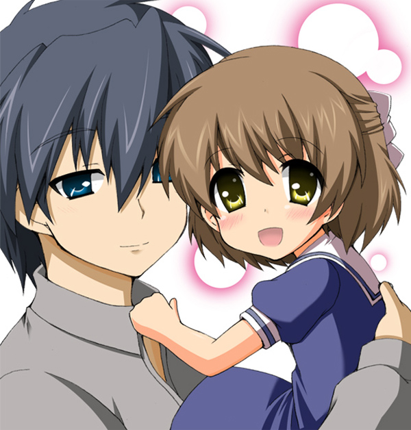izuko, okazaki tomoya, okazaki ushio, clannad, bad id, bad pixiv id, 00s, age difference, blue eyes, blue hair, brown eyes, brown hair, carrying, child, dress, father and daughter, sailor, sailor dress, short hair