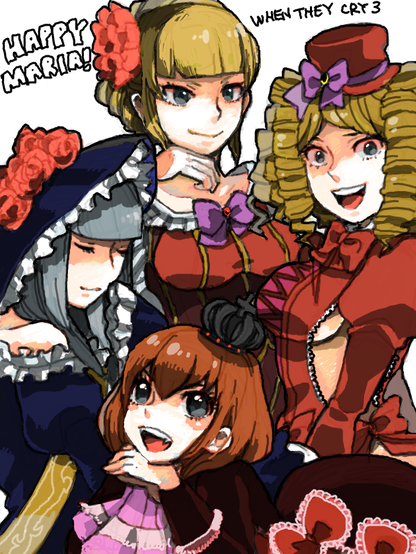 sanada (sappu), beatrice (umineko), gaap (umineko), maria (umineko), virgilia (umineko), umineko no naku koro ni, silver hair, bad id, bad pixiv id, 00s, 4girls, blonde hair, blue eyes, bow, breasts, closed eyes, crown, dress, drill hair, flower, frills, hat, long hair, mini hat, mini top hat, multiple girls, orange hair, pink bow, ringlets, rose, sash, short hair, sideboob, smile, top hat