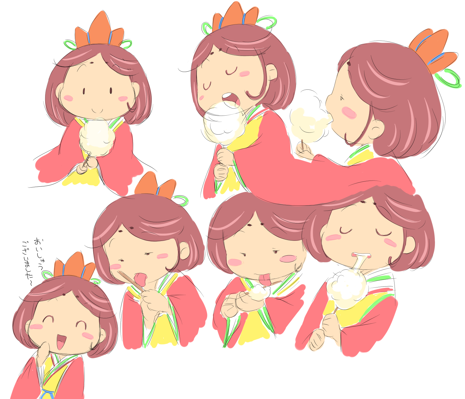 yamanokonza, original, highres, 1girl, black eyes, blush, brown hair, closed eyes, cotton candy, eating, food, holding, holding food, licking, long sleeves, looking at viewer, multiple views, open mouth, princess, robe, short hair, smile, teeth, tiara, tongue, tongue out, upper body, white background, wide sleeves, yellow robe