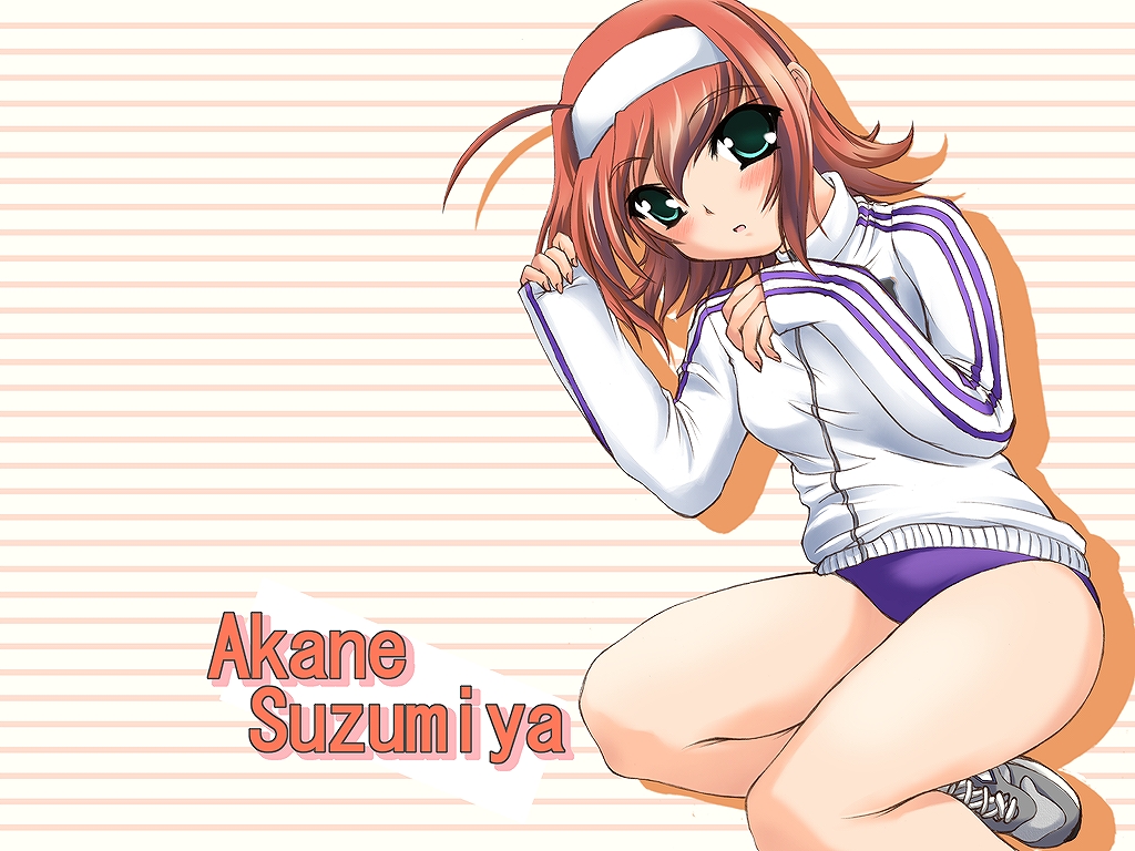 suzumiya akane, kimi ga nozomu eien, non-web source, 00s, 1girl, ahoge, aqua eyes, blue eyes, buruma, female focus, gym uniform, hairband, jacket, orange hair, purple buruma, short hair, solo