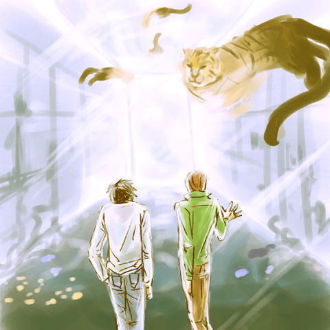 ryuuzaki, l (death note), yagami light, death note, light, lowres, 00s, 2boys, cat, hallway, male focus, multiple boys, tiger