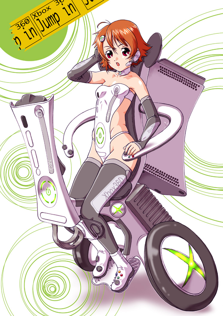 aida kan mori, xbox 360-tan, microsoft, 1girl, bare shoulders, breasts, brown hair, choker, detached sleeves, female focus, flat chest, game console, headset, leotard, looking at viewer, personification, product girl, red eyes, short hair, sitting, small breasts, solo, strapless, strapless leotard, thighhighs, white leotard, xbox 360