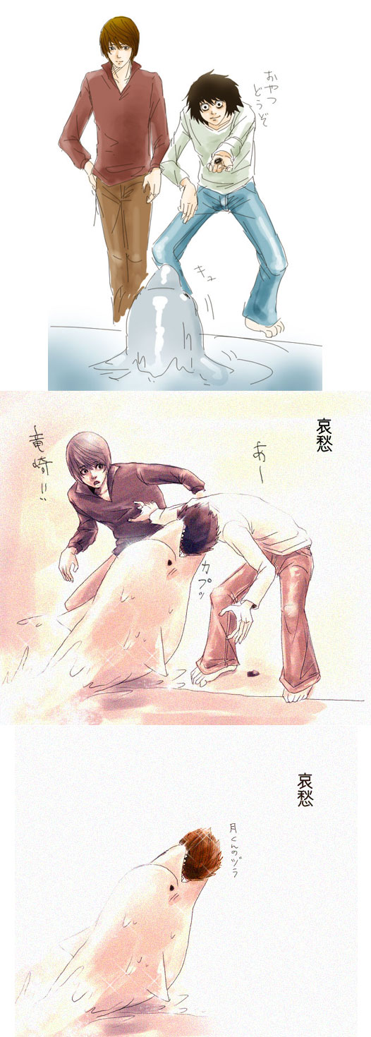 l (death note), yagami light, death note, highres, long image, tall image, translation request, 00s, 2boys, biting, comic, death, decapitation, dolphin, multiple boys, wig
