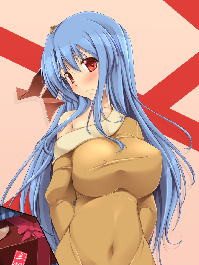 fct, sara da pranzo, sdp, rocbouquet, rocbouquet (saga), romancing saga, saga, 1girl, bare shoulders, blue hair, blush, breasts, covered erect nipples, female focus, gift, huge breasts, impossible clothes, impossible shirt, long hair, navel, red eyes, shirt, solo