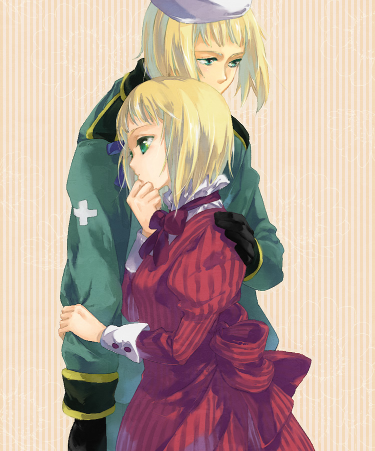 akutsu (yuumi), liechtenstein (hetalia), switzerland (hetalia), axis powers hetalia, striped, 00s, beret, blonde hair, brother and sister, couple, dress, gloves, green eyes, hat, ribbon, short hair, siblings