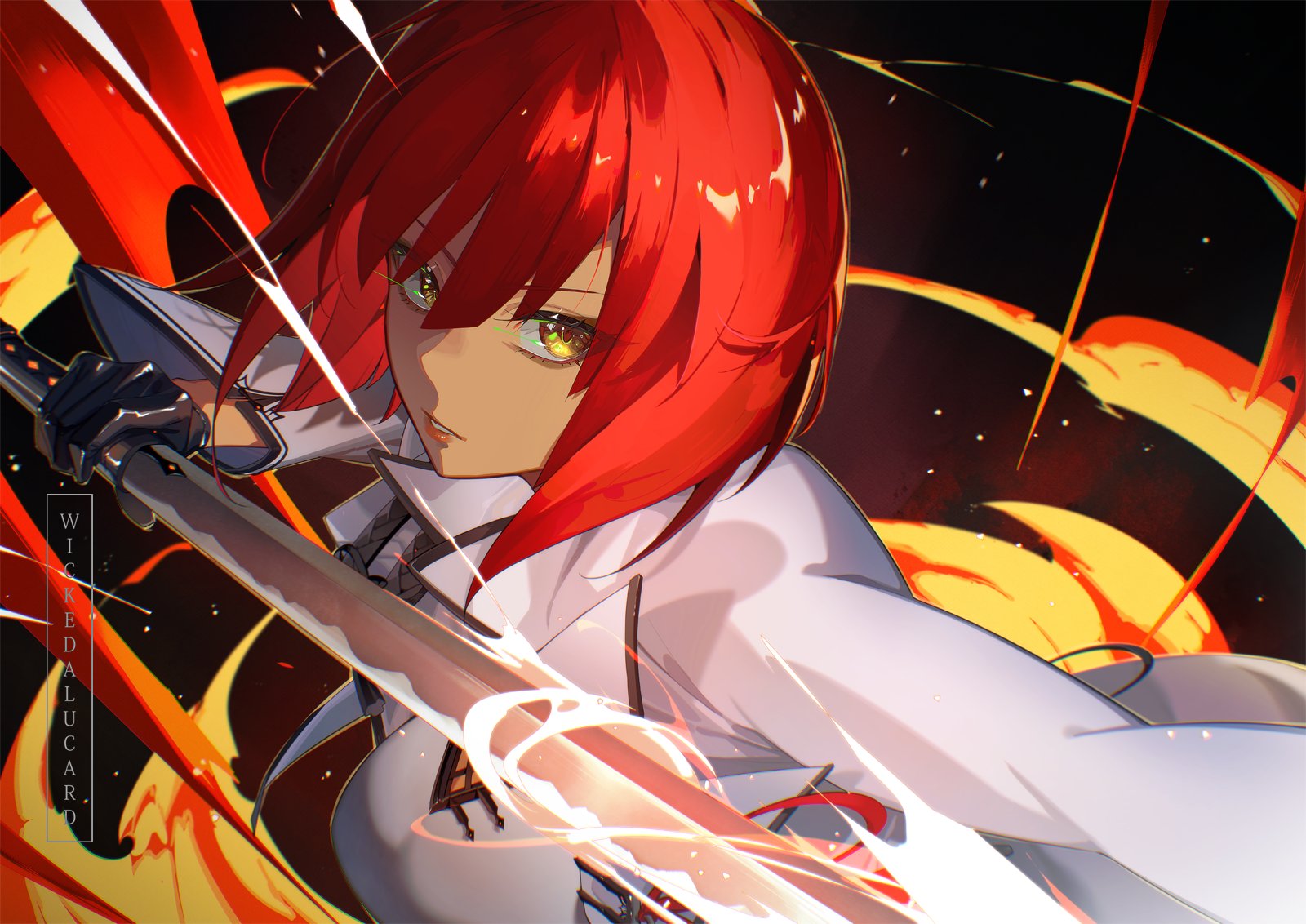 ian olympia, original, commentary, commission, english commentary, highres, 1girl, choppy bangs, coat, hair between eyes, holding, holding sword, holding weapon, long sleeves, looking at viewer, parted lips, red hair, short hair, solo, sword, upper body, weapon, white coat, yellow eyes