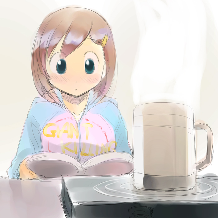 ikeda jun (mizutamari), blue eyes, book, brown hair, cup, hair ornament, hairclip, hood, hoodie, hotplate, jacket, mug, open book, raglan sleeves, ranguage, reading, short hair, solo, stove