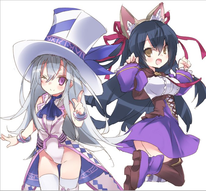 wanko (takohati8), kamishibaiya iris, emil chronicle online, 2girls, animal ear hairband, animal ears, black hair, blue necktie, boots, bow, breasts, brown capelet, brown thighhighs, capelet, cat ear hairband, cat ears, fake animal ears, fang, hair bow, hairband, hat, jacket, jumping, large breasts, leotard, long hair, looking at viewer, multiple girls, necktie, one eye closed, open mouth, pointing, pointing up, purple boots, purple eyes, purple skirt, purple sleeves, red bow, shirt, skirt, small breasts, smile, syugoma kanade, thighhighs, thighs, top hat, two side up, white background, white hair, white hat, white jacket, white leotard, white shirt, white thighhighs, white wrist cuffs, wrist cuffs, yellow eyes