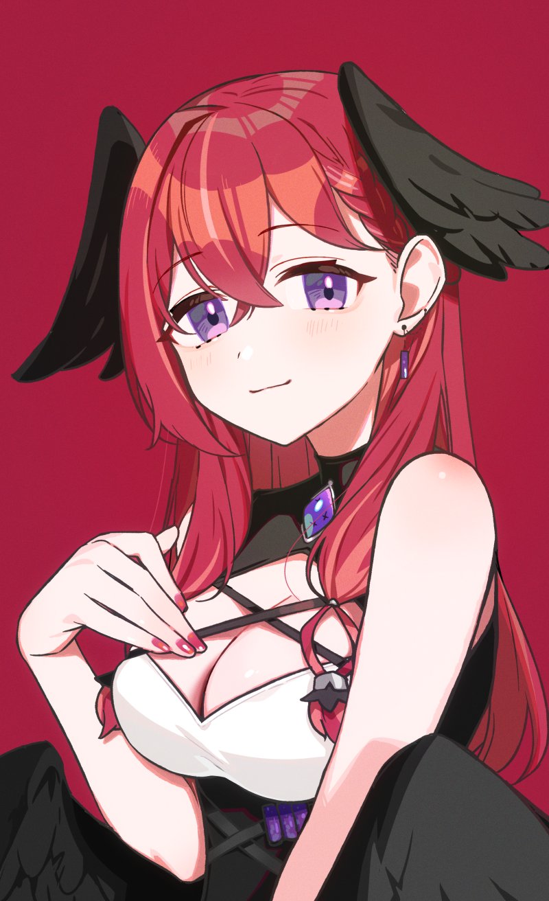yuura, konkon aria, neo-porte, highres, 1girl, black dress, black romper, black wings, braid, breasts, cleavage, cleavage cutout, clothing cutout, coif, covering breasts, covering privates, criss-cross straps, dress, ear chain, earrings, gem, hair between eyes, hand on own chest, head wings, high-waist shorts, jewelry, large breasts, light smile, linked piercing, long hair, looking at viewer, low wings, piercing, purple eyes, purple gemstone, red background, red hair, romper, shirt, shorts, sidelocks, sleeveless, solo, turtleneck, upper body, virtual youtuber, white shirt, wings