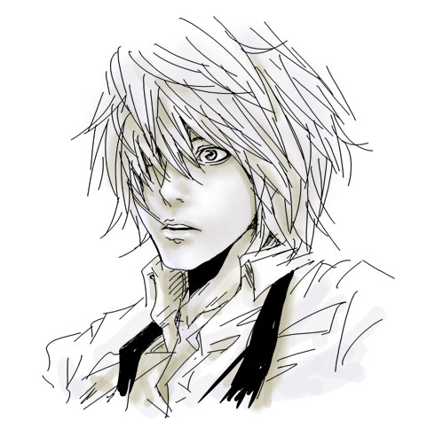 yagami light, death note, lowres, 00s, 1boy, greyscale, male focus, monochrome, necktie, simple background, sketch, solo