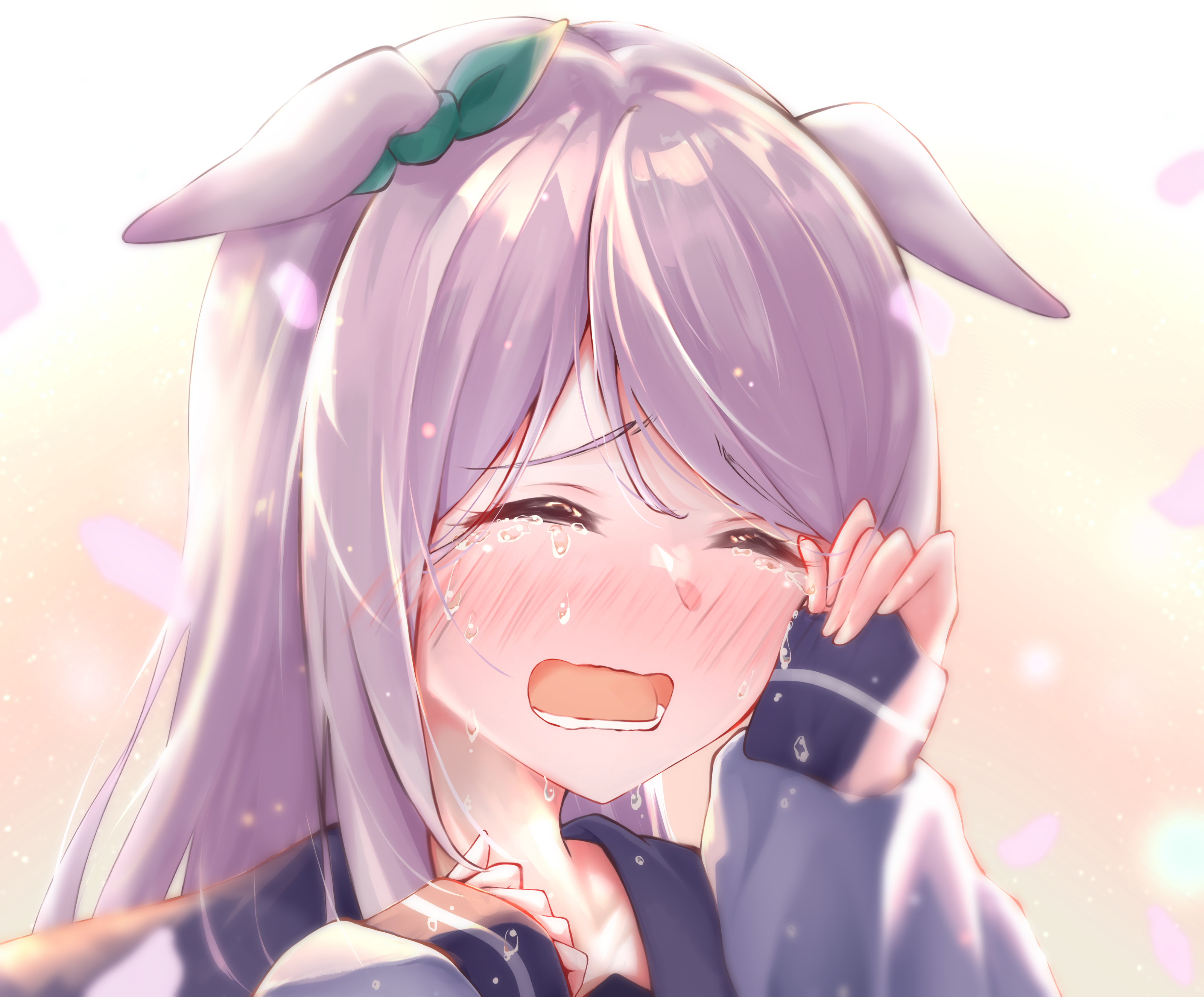 joker oowo, mejiro mcqueen (umamusume), umamusume, absurdres, commentary request, highres, 1girl, animal ears, blush, bow, closed eyes, crying, ear covers, ear ribbon, ears down, gradient background, green ribbon, hand on own face, horse ears, horse girl, long hair, long sidelocks, long sleeves, nose blush, open mouth, parted bangs, petals, pinching sleeves, portrait, purple hair, purple sailor collar, purple shirt, raised inner eyebrows, ribbon, sad, sailor collar, school uniform, serafuku, shirt, sidelocks, simple background, single ear cover, sleeves past wrists, sobbing, solo, straight hair, sunlight, swept bangs, tears, tracen school uniform, wavy mouth, winter uniform, wiping tears