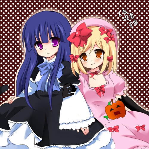 kino (alones), frederica bernkastel, lambdadelta, umineko no naku koro ni, bad id, bad pixiv id, lowres, 00s, 2girls, blonde hair, blue hair, bow, brown eyes, hat, jack-o'-lantern, multiple girls, pink hat, polka dot, pumpkin, purple eyes