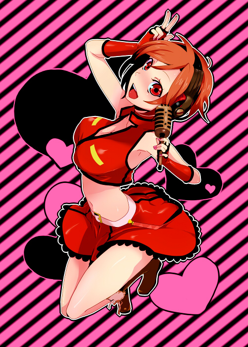 numeri, meiko (vocaloid), sakine meiko, vocaloid, striped, bad id, bad pixiv id, 1girl, aged down, belt, breasts, brown hair, female focus, fingerless gloves, full body, gloves, headphones, heart, jumping, microphone, midriff, red eyes, short hair, skirt, smile, solo, v