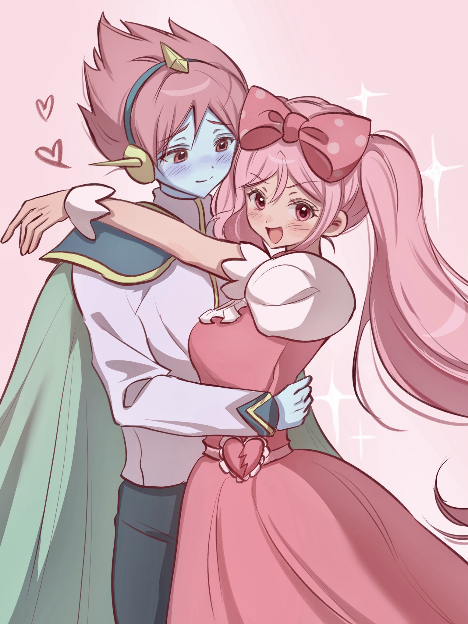 captain spaceboy, sweetheart (omori), omori, highres, 1boy, 1girl, arm on another's shoulder, blue skin, blush, bow, breasts, cape, closed mouth, colored skin, dark-skinned female, dark skin, double-parted bangs, dress, green cape, hair between eyes, hair bow, heart, long sleeves, looking at another, looking at viewer, medium breasts, no gloves, pink background, pink bow, pink dress, pink eyes, pink hair, polka dot, polka dot bow, puffy short sleeves, puffy sleeves, short hair, short sleeves, simple background, smile, wktdms1