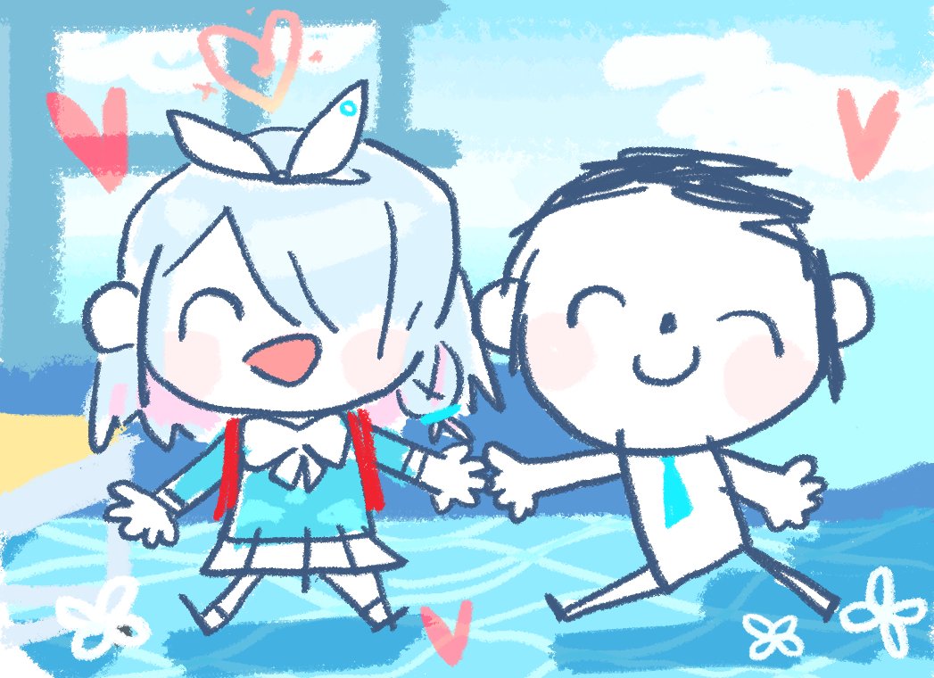 coconutcorn, arona (blue archive), doodle sensei (blue archive), sensei (blue archive), blue archive, 1boy, 1girl, :d, backpack, bag, blue hair, blush stickers, chibi, closed eyes, hair over one eye, heart, holding hands, necktie, open mouth, randoseru, sketch, smile