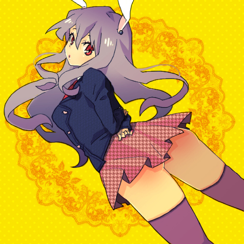 mot, reisen udongein inaba, touhou, light purple hair, lowres, 1girl, animal ears, arms behind back, ass, blazer, female focus, houndstooth, jacket, long hair, miniskirt, o o, rabbit ears, red eyes, skirt, solo, thighhighs