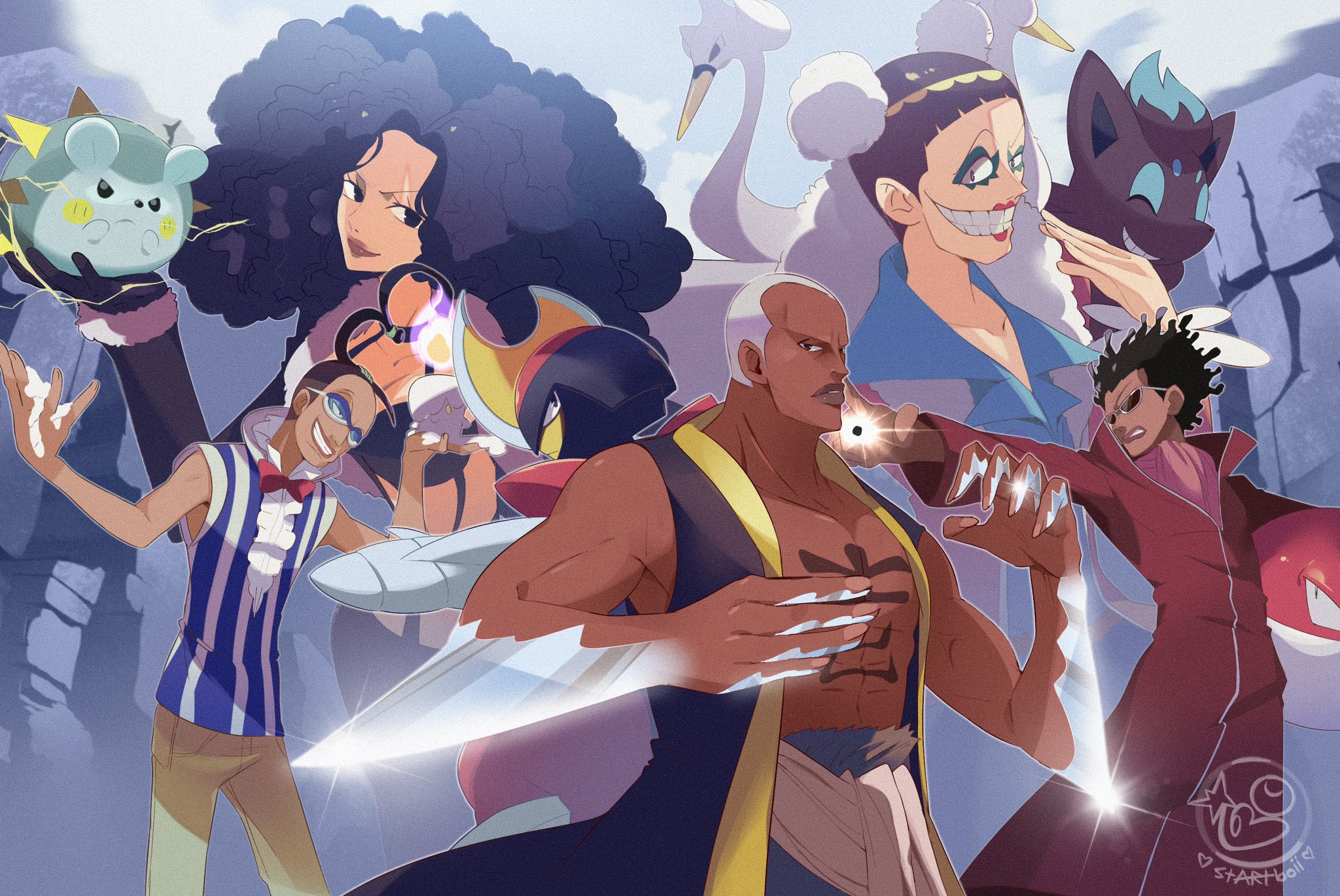 startboii, bisharp, bon clay, daz bones, galdino, mister five (one piece), paula (one piece), togedemaru, voltorb, zorua, nintendo, one piece, pokemon, commentary, commission, highres, 1girl, 4boys, abs, ascot, black hair, blue hair, blunt bangs, buzz cut, chest tattoo, clenched teeth, curly hair, dark-skinned male, dark skin, devil fruit power, eyelashes, eyeshadow, gen 1 pokemon, gen 5 pokemon, gen 7 pokemon, glasses, glint, high collar, holding, long coat, long hair, looking at viewer, makeup, multiple boys, pink ascot, sash, shirt, short hair, sleeveless, sleeveless shirt, smile, tattoo, teeth, very short hair, watermark, white hair