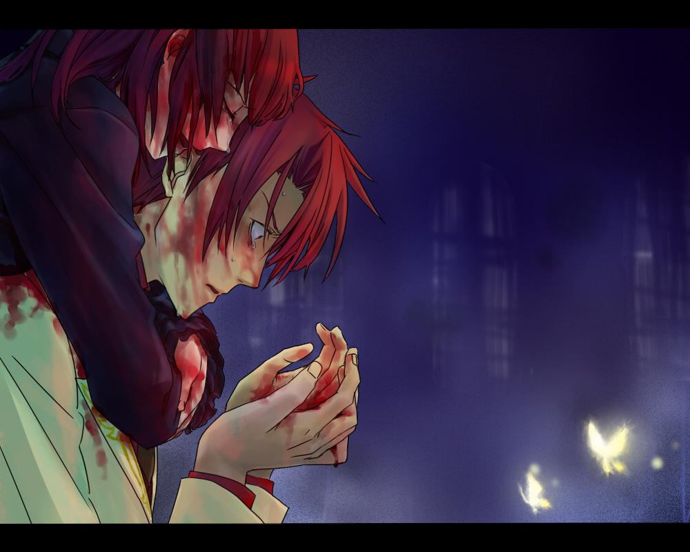 reichi, ushiromiya ange, ushiromiya battler, alliance of the golden witch, umineko no naku koro ni, spoilers, 00s, 1boy, 1girl, blood, brother and sister, bug, butterfly, closed eyes, comforting, frills, hug, hug from behind, insect, jacket, red hair, siblings, smile, tears