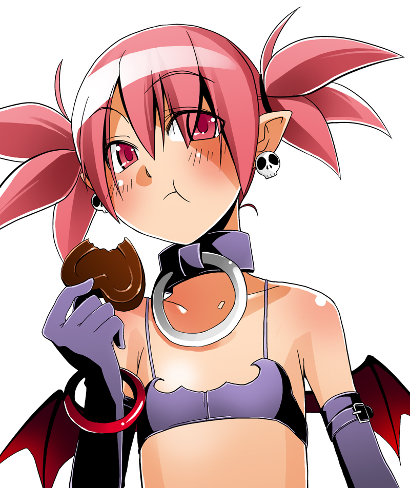 kaeru kenshi, etna (disgaea), disgaea, 1girl, :t, bracelet, chocolate, choker, demon girl, detached sleeves, earrings, eating, female focus, flat chest, heart, jewelry, pointy ears, red eyes, red hair, solo, wings
