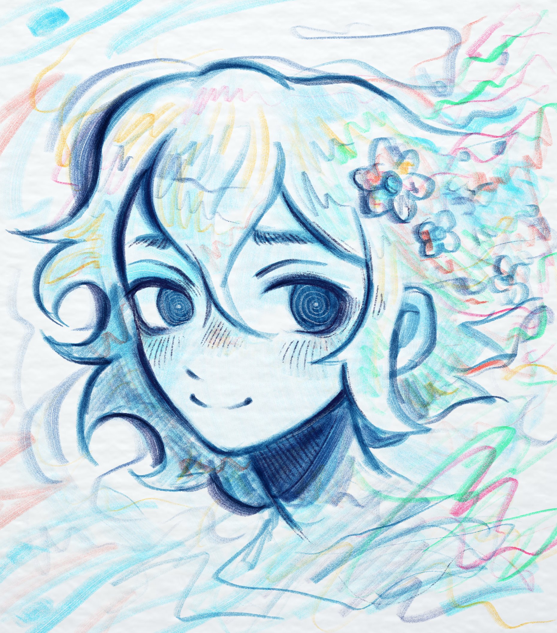 ottie pops, basil (faraway) (omori), basil (omori), omori, highres, 1boy, blush, closed mouth, double-parted bangs, flower, hair between eyes, hair flower, hair ornament, looking at viewer, male focus, partially colored, short hair, sidelocks, smile, solo, split mouth, upper body