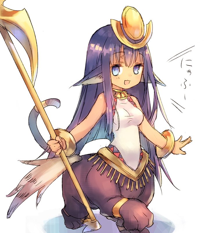 wanko (takohati8), sphinx (eco), emil chronicle online, gold collar, 1girl, :3, animal ears, bare shoulders, black hair, black tail, blue eyes, breasts, gold wrist cuffs, hair ornament, holding, holding staff, leotard, long hair, looking at viewer, medium breasts, monster girl, solo, staff, tail, tail ornament, tail ring, white background, white leotard, wings
