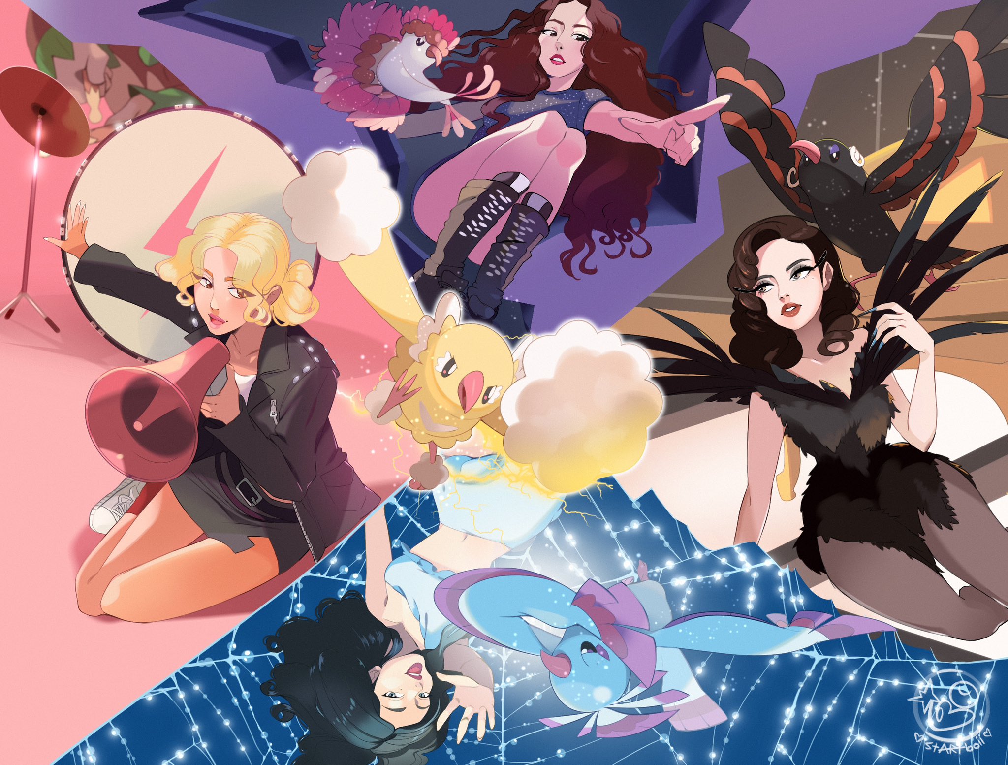 startboii, jennie (blackpink), jisoo (blackpink), lisa (blackpink), oricorio, oricorio (baile), oricorio (pa'u), oricorio (pom-pom), oricorio (sensu), rose (blackpink), blackpink, nintendo, pokemon, commentary, commission, english commentary, highres, 4girls, black boots, black dress, black hair, black jacket, black skirt, blonde hair, boots, brown hair, double bun, dress, drill hair, drum, drum set, eyeshadow, gen 7 pokemon, hair bun, holding speaker, instrument, jacket, long hair, makeup, multiple girls, open mouth, parted lips, pokemon (creature), sidelocks, silk, skirt, spider web, upside-down