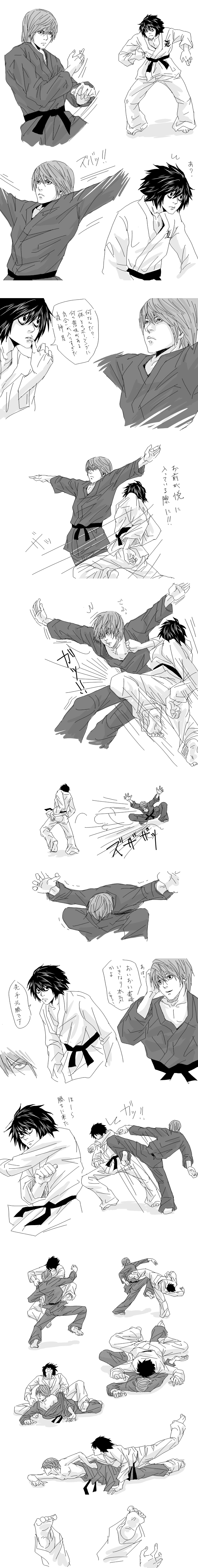 l (death note), yagami light, death note, absurdres, highres, long image, tall image, translation request, 00s, 2boys, battle, comic, crawling, fighting stance, greyscale, kicking, male focus, monochrome, multiple boys, undressing, yaoi