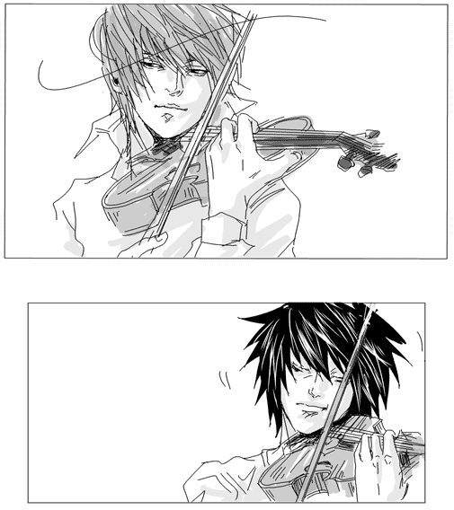 l (death note), yagami light, death note, 00s, 2boys, artistic error, fabulous, greyscale, instrument, male focus, monochrome, multiple boys, violin