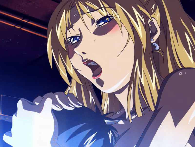 oshima takeshi, saeki kaori, bible black, bible black new testament, shin bible black, animated, animated gif, tagme, 00s, 1boy, 1girl, 2004, blonde hair, blush, earrings, face between breasts, girl on top, head between breasts, high ponytail, implied sex, jewelry, lipstick, makeup, nude, ponytail, purple eyes, shiny skin, sweat, vice principal