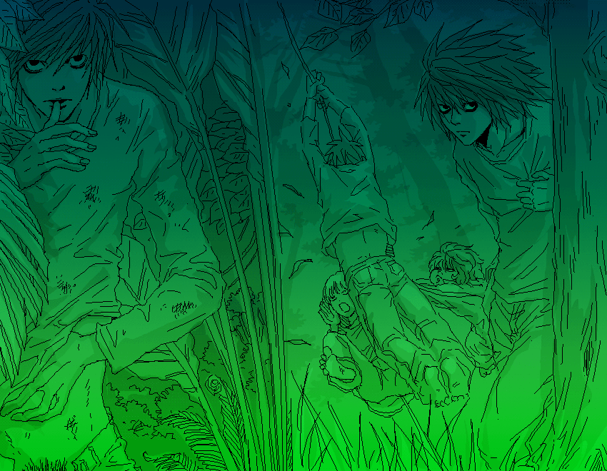 l (death note), mello (death note), near (death note), death note, 00s, 5boys, clone, forest, monochrome, multiple boys, nature, open fly, swing, tree, unzipped