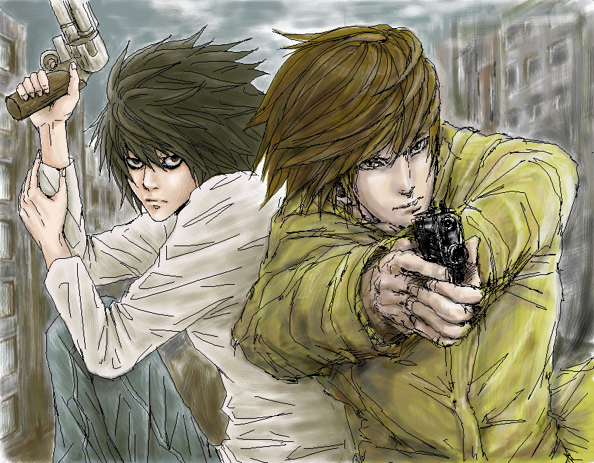 koku, l (death note), yagami light, death note, 00s, 2boys, bags under eyes, city, gun, handgun, jacket, male focus, multiple boys, pistol, weapon, wind