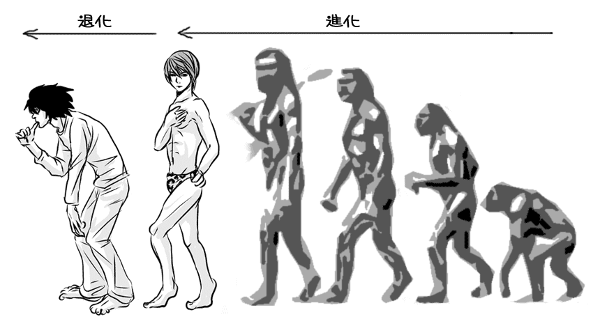 l (death note), yagami light, death note, march of progress, 2boys, ape, comparison, evolution, fabulous, fine art parody, greyscale, male focus, male swimwear, monkey, monochrome, multiple boys, parody, swim briefs