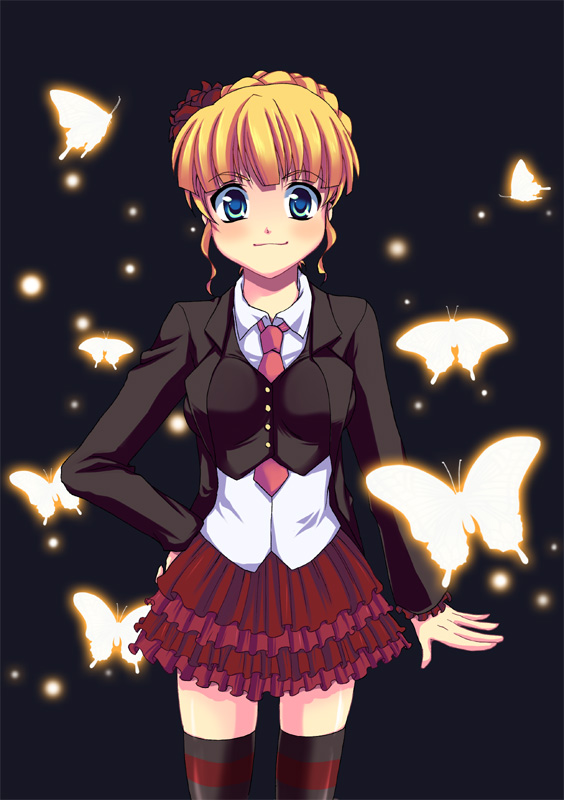 kanae arisu, beatrice (umineko), umineko no naku koro ni, 00s, 1girl, blonde hair, blue eyes, bug, butterfly, female focus, insect, necktie, pink necktie, short hair, smile, solo, standing, thighhighs