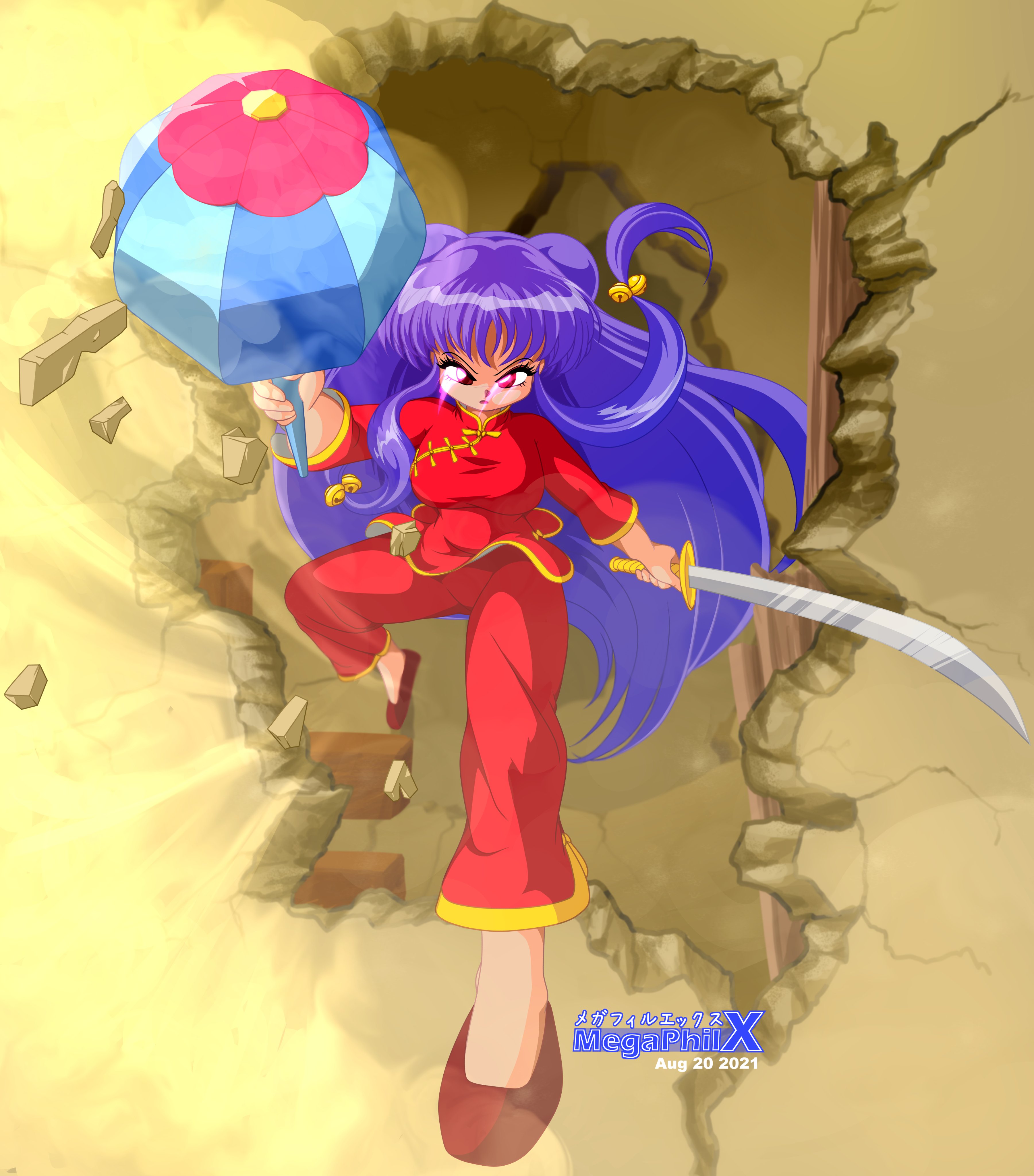 megaphilx, shampoo (ranma 1/2), absurdres, highres, 1girl, bell, breasts, chinese clothes, chui (weapon), double bun, fighting stance, full body, hair bell, hair bun, hair ornament, holding, holding sword, holding weapon, long hair, looking at viewer, pants, purple hair, red eyes, solo, sword, weapon