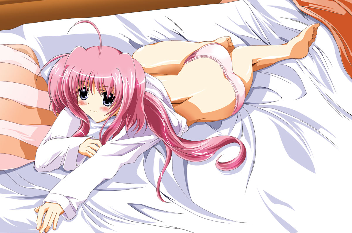kagura yuuto, caro ru lushe, lyrical nanoha, mahou shoujo lyrical nanoha, mahou shoujo lyrical nanoha strikers, 00s, aged up, barefoot, bed, blush, dress shirt, long hair, panties, pink hair, pink panties, purple eyes, shirt, solo, underwear