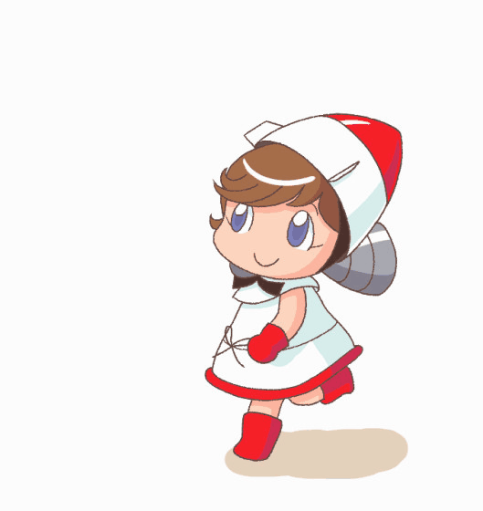 yamanokonza, noshirocket-chan, animated, animated gif, 1girl, black bow, black bowtie, blue eyes, blush, boots, bow, bowtie, brown hair, dress, gloves, jumping, open mouth, red boots, red gloves, rocket, rolling, short hair, sleeveless, sleeveless dress, smile, transformation, walking, white background, white dress