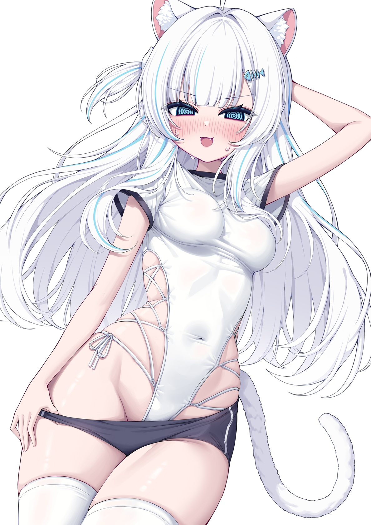metaljelly, nachu (vtuber), indie virtual youtuber, highres, @ @, animal ear fluff, animal ears, aqua eyes, aqua hair, arm behind head, black shorts, blush, breasts, clothes pull, covered navel, cowboy shot, hair ornament, large breasts, long hair, multicolored hair, one-piece swimsuit, open mouth, short sleeves, shorts, shorts pull, sidelocks, simple background, streaked hair, sweatdrop, swimsuit, tail, thighhighs, thighs, virtual youtuber, white background, white hair, white one-piece swimsuit, white thighhighs