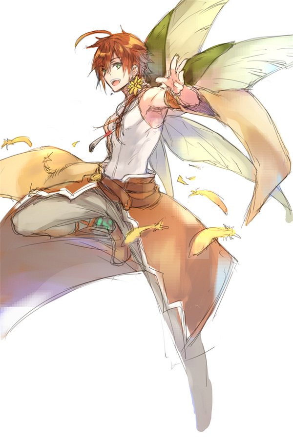 wanko (takohati8), emil chronicle online, 1boy, ahoge, bow flower, brown cape, brown hair, cape, dragon boy, emil dragon, feathers, from side, green wings, grey pants, long hair, low ponytail, multiple wings, pants, ponytail, shirt, sleeveless, sleeveless shirt, solo, waist cape, white shirt, wings