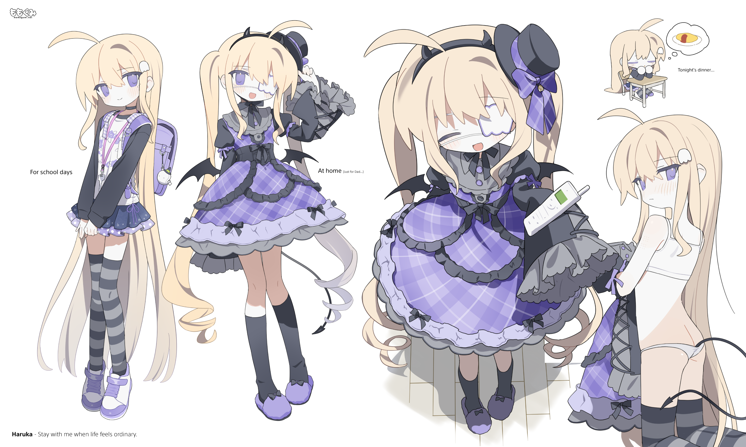 daizu (melon-lemon), original, highres, 1girl, ahoge, backpack, bag, black shirt, black socks, blonde hair, bra, choker, demon tail, demon wings, dress, english text, eyepatch, fake horns, frilled sleeves, frills, full body, hairband, hat, holding, holding unworn clothes, horn hairband, horns, juliet sleeves, kneehighs, long hair, long sleeves, looking at viewer, miniskirt, multiple views, panties, plaid clothes, plaid dress, puffy sleeves, purple dress, purple eyes, shirt, shoes, simple background, skirt, sleeves past fingers, sleeves past wrists, slippers, smile, sneakers, socks, sports bra, striped clothes, striped thighhighs, tail, thighhighs, tilted headwear, twintails, underwear, very long hair, white background, white bra, white panties, white shirt, wings