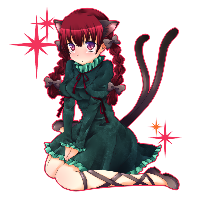 shiguri, kaenbyou rin, touhou, bad id, bad pixiv id, 1girl, animal ears, braid, cat ears, cat girl, cat tail, female focus, kneeling, pout, purple eyes, red hair, solo, tail, tears, twin braids, twintails, white background