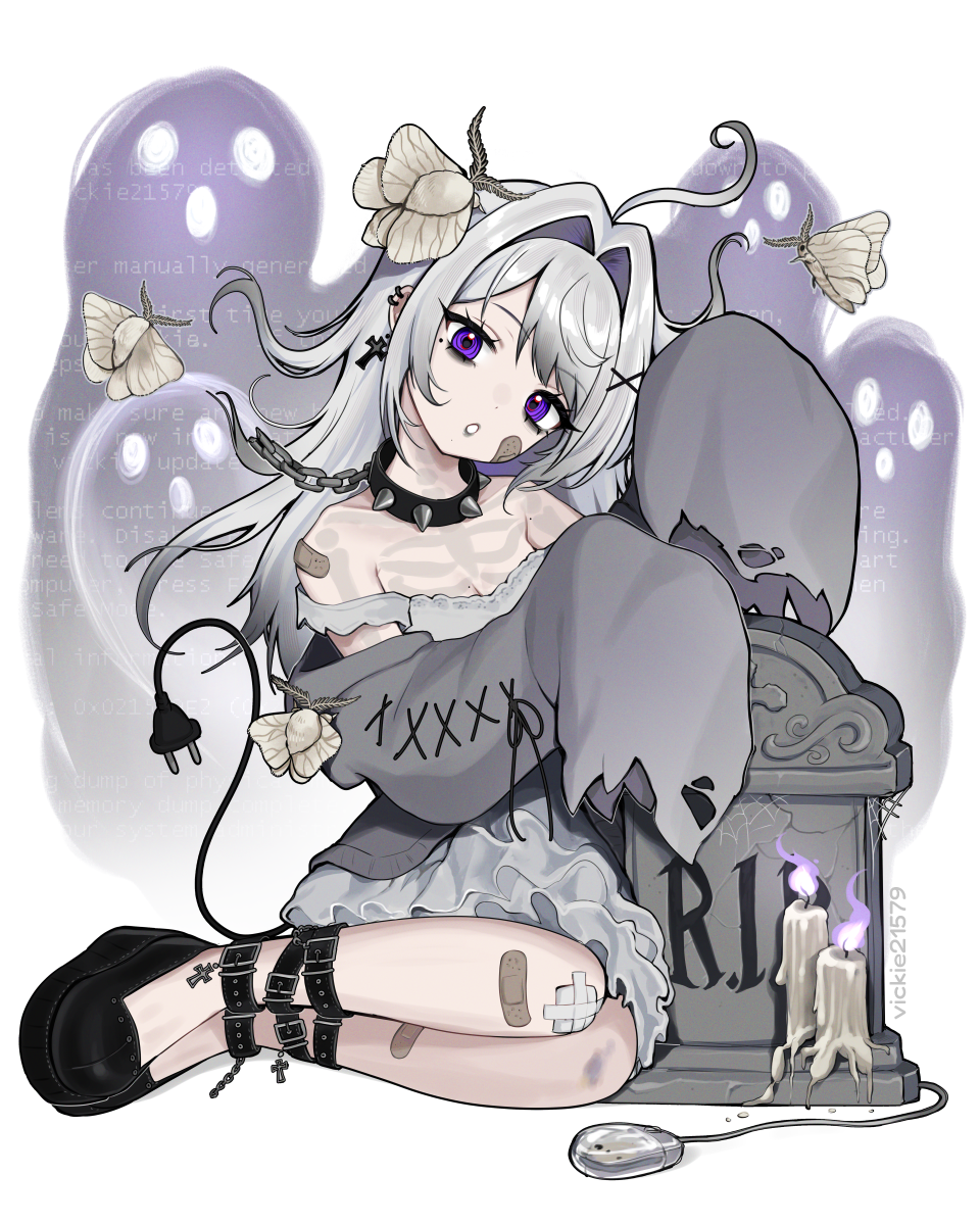 vickie (cryingrobot), vickie (cryingrobot) (character), original, highres, 1girl, alternate eye color, alternate hair color, animal, animal on head, bags under eyes, bandaid, bandaid on cheek, bandaid on face, bandaid on leg, bare shoulders, black shoes, bug, cable, cable tail, candle, chain, collar, computer mouse, electric plug, electric plug tail, full body, gauze on knee, ghost, hair intakes, insect, long hair, long sleeves, looking at viewer, mechanical tail, mole, mole under eye, moth, off shoulder, on head, purple eyes, shoes, sitting, sleeves past fingers, sleeves past wrists, solo, spiked collar, spikes, tail, tombstone, white hair