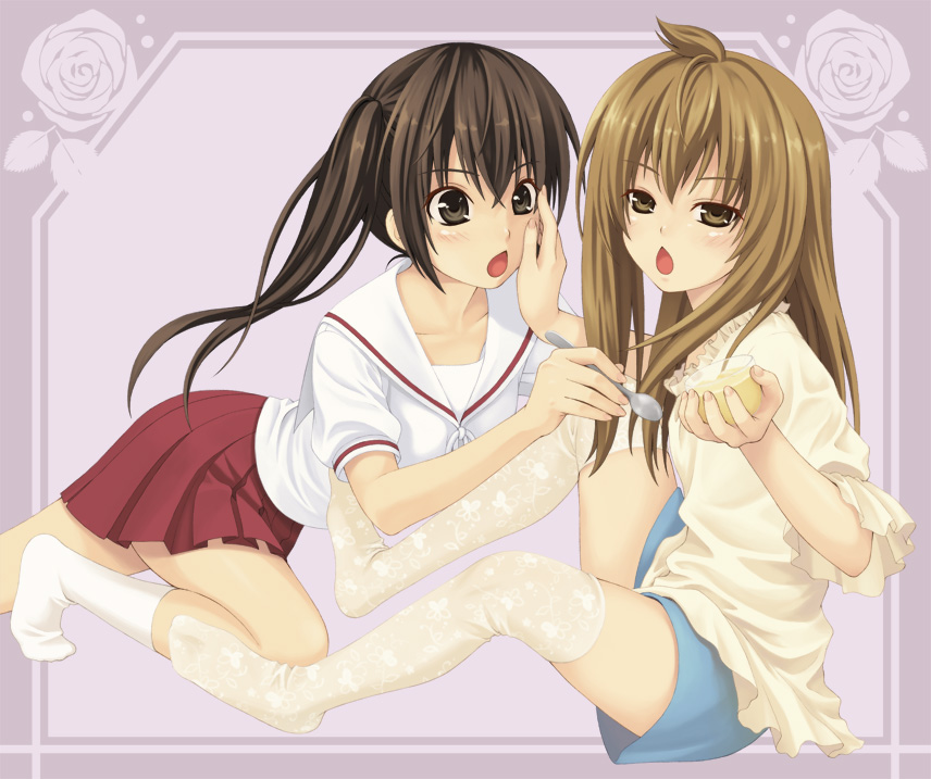 hitsujimura saki, minami chiaki, minami kana, minami-ke, 00s, 2girls, ahoge, brown eyes, brown hair, casual, long hair, multiple girls, pudding, school uniform, shorts, skirt, spoon, thighhighs, twintails
