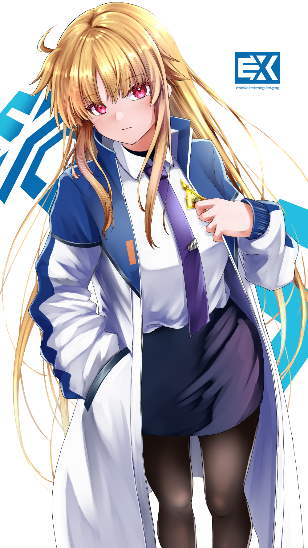sougetsu izuki, fate testarossa, lyrical nanoha, mahou shoujo lyrical nanoha exceeds: gun blaze vengeance, commentary request, highres, 1girl, black pantyhose, black skirt, blonde hair, blue coat, breasts, closed mouth, coat, collared shirt, feet out of frame, hand in pocket, holding, light blush, long hair, long sleeves, looking at viewer, medium breasts, multicolored coat, necktie, open clothes, open coat, pantyhose, pencil skirt, pocket, purple necktie, red eyes, shirt, sidelocks, skirt, solo, square-end necktie, standing, tie clip, two-tone coat, very long hair, white background, white coat, white shirt