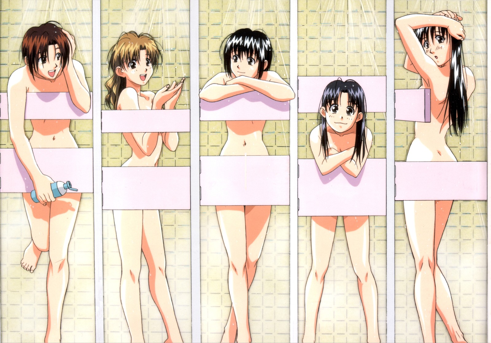 toreishi kanna, toreishi mina, toreishi satsuki, toreishi uzuki, toreishi yayoi, idol boueitai hummingbird, idol bouetai hummingbird, idol defense force hummingbirds, hand on head, highres, 1990s (style), 5girls, :d, :o, armpits, arms up, back, barefoot, black hair, blonde hair, blush, bottle, brown hair, censored, convenient censoring, crossed arms, crossed legs, embarrassed, feet, from behind, leg up, legs, lineup, long hair, looking back, multiple girls, navel, nude, open mouth, retro artstyle, short hair, showering, siblings, sisters, sitting, smile, standing, standing on one leg, steam, surprised, wet
