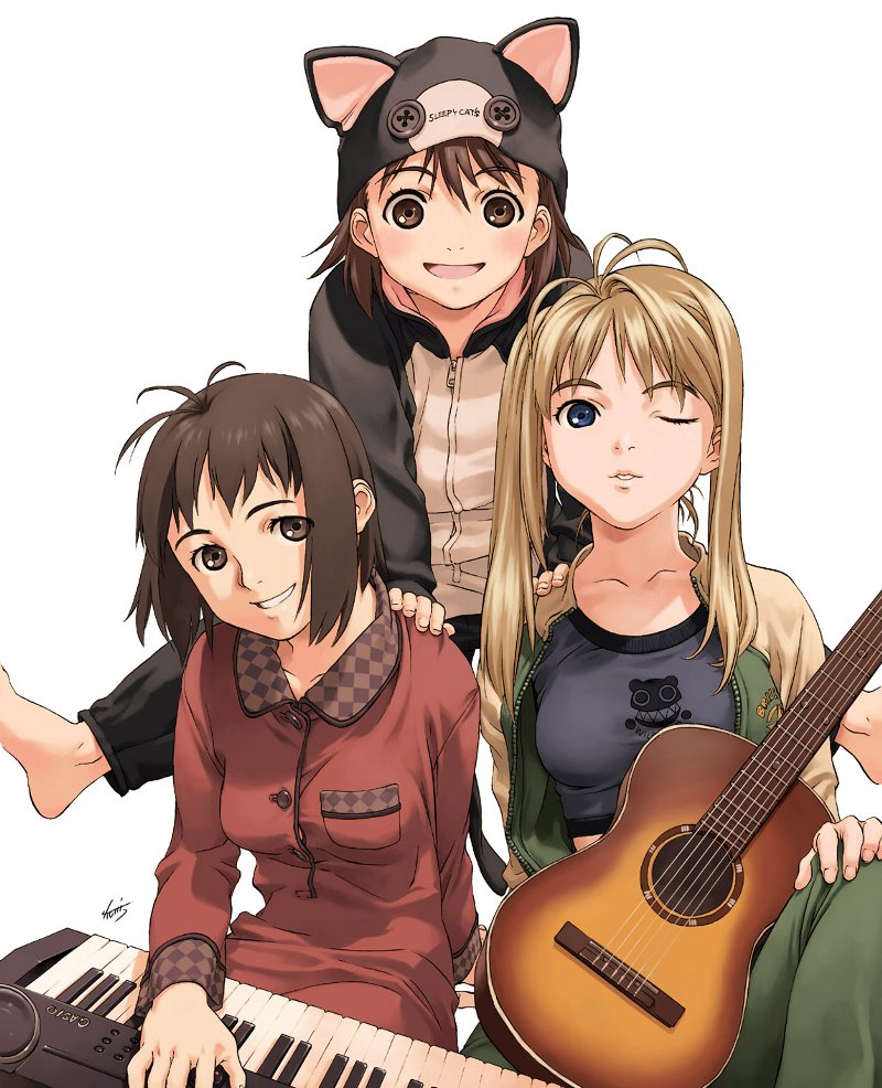 tanaka kunihiko, 3girls, :d, acoustic guitar, animal hat, animal hood, blonde hair, blue eyes, brown eyes, brown hair, cat hood, costume, guitar, hat, hood, instrument, keyboard, keyboard (instrument), multiple girls, one eye closed, open mouth, smile, synthesizer, wink