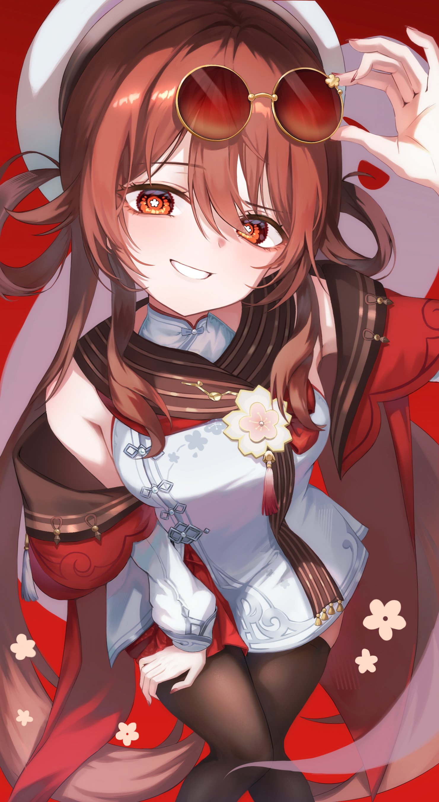 arin art, hu tao (cherries snow-laden) (genshin impact), hu tao (genshin impact), genshin impact, absurdres, highres, 1girl, blush, brown eyes, brown hair, brown scarf, brown thighhighs, chinese clothes, dress, eyewear on head, flower, flower-shaped pupils, hat, long hair, looking at viewer, official alternate costume, red-tinted eyewear, red nails, red skirt, round eyewear, scarf, skirt, smile, solo, symbol-shaped pupils, thighhighs, tinted eyewear, white hat, yellow-framed eyewear
