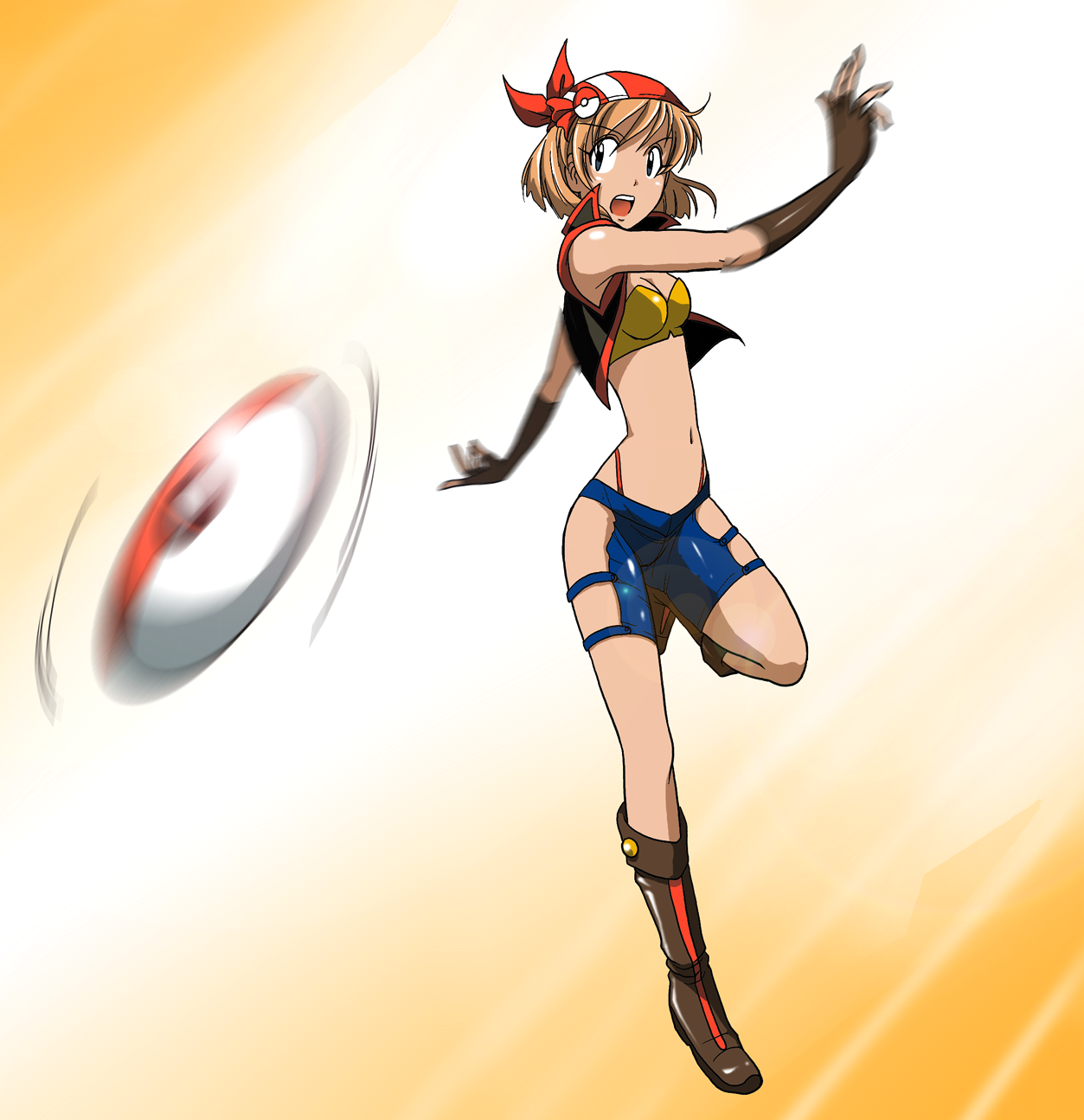takaya n, misty (pokemon), nintendo, pokemon, highres, 1girl, aged up, boots, elbow gloves, female focus, fingerless gloves, gloves, green eyes, hat, midriff, orange hair, poke ball, simple background, solo, throwing, throwing poke ball